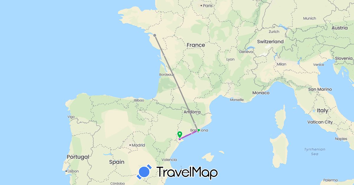 TravelMap itinerary: driving, bus, plane, train, hiking in Spain, France (Europe)